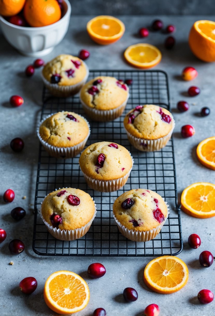 A rustic kitchen counter with freshly baked cranberry orange muffins cooling on a wire rack, surrounded by scattered cranberries and orange slices