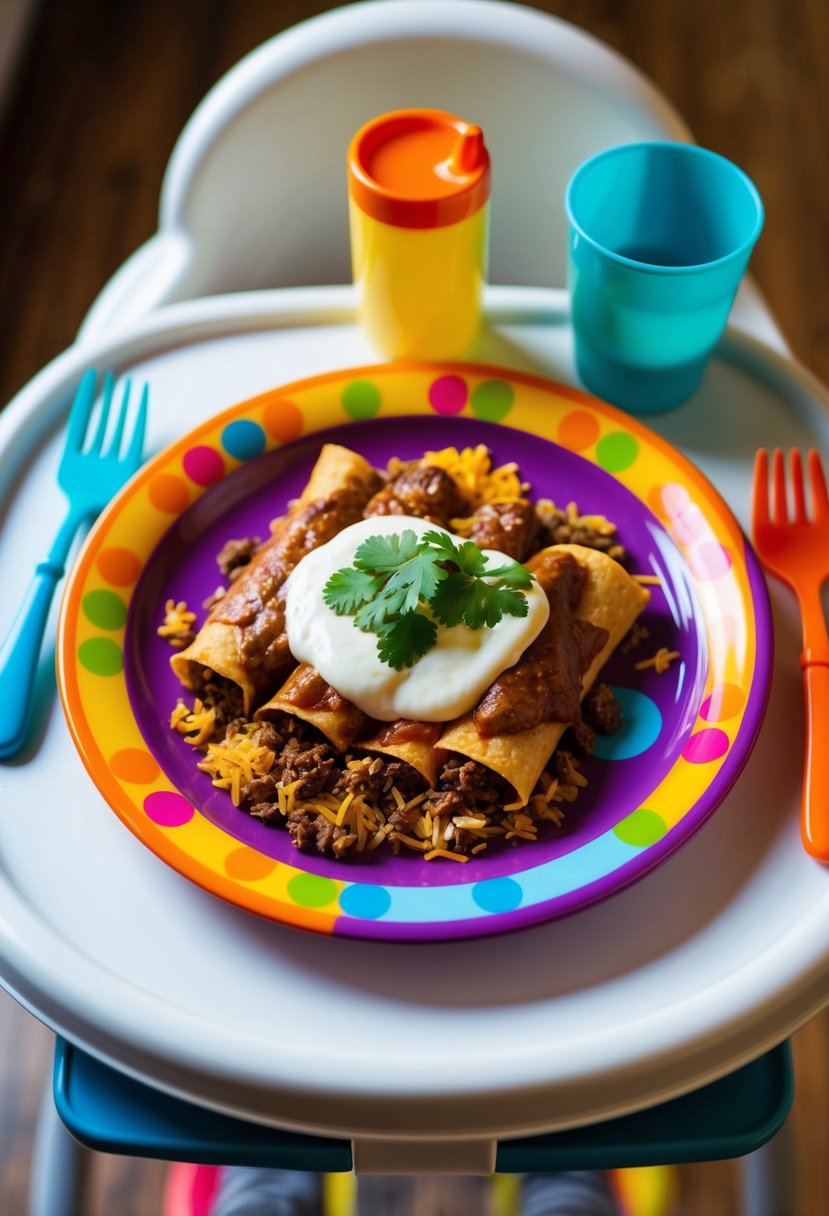 A colorful plate of beef and rice enchiladas being served on a high chair tray, surrounded by playful toddler-friendly utensils and a sippy cup