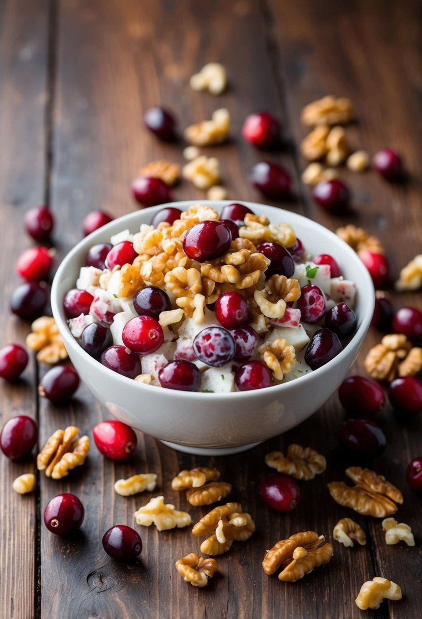 A bowl of cranberry walnut salad surrounded by fresh cranberries and scattered walnuts on a wooden table