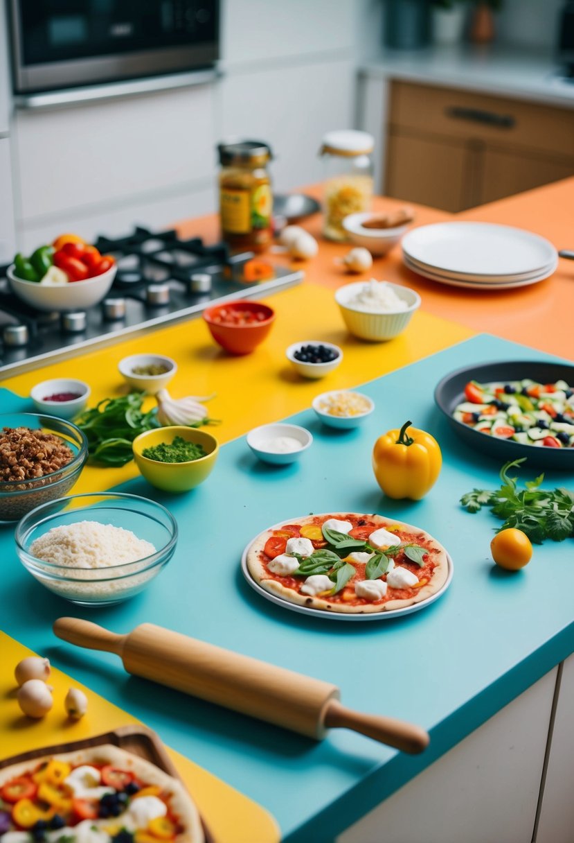 A colorful kitchen counter with various ingredients and toppings scattered around, a rolling pin, and a small pizza pan ready for a toddler-friendly pizza-making session