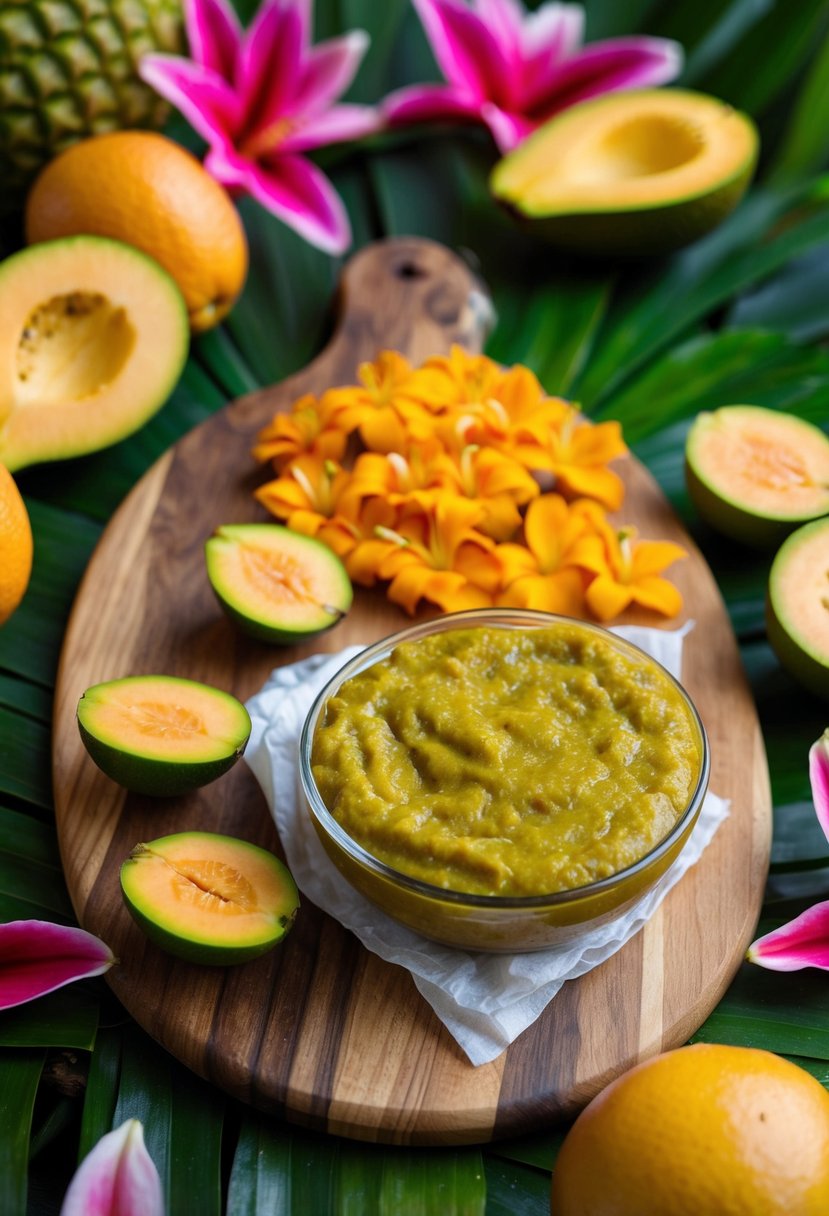 A colorful spread of guava paste and cheese on a wooden board, surrounded by tropical fruits and vibrant flowers