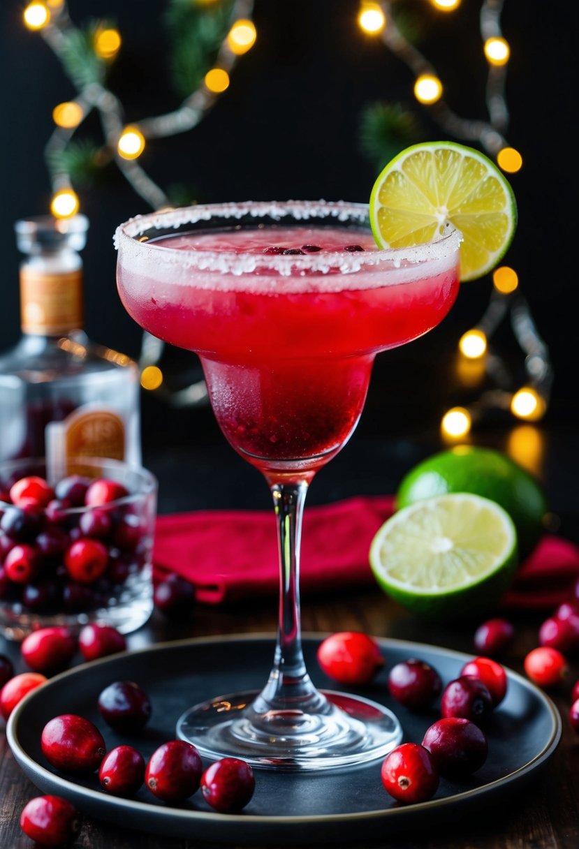 A festive cocktail glass with a spiced cranberry margarita surrounded by fresh cranberries and garnished with a slice of lime