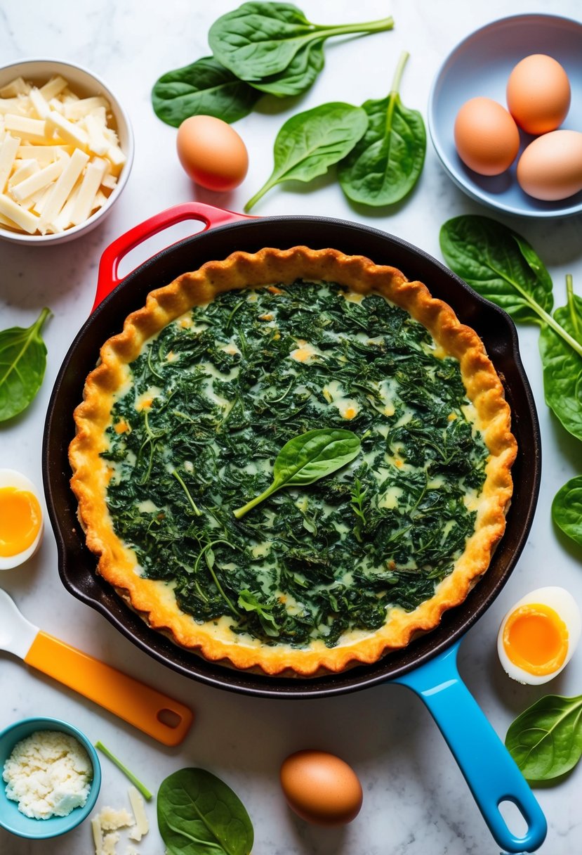 A colorful skillet filled with a bubbling spinach pie, surrounded by toddler-friendly ingredients like cheese, eggs, and spinach leaves