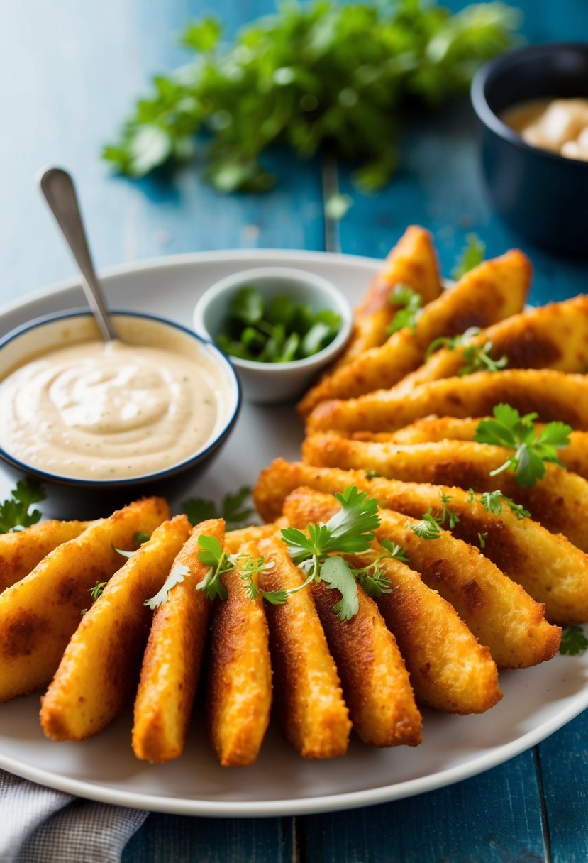 A plate of golden-brown Coxinha arranged with a side of dipping sauce and garnished with fresh herbs