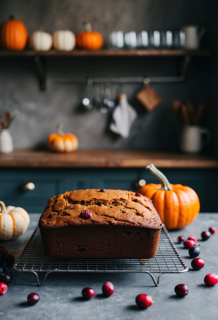 A rustic kitchen counter with a freshly baked cranberry pumpkin bread cooling on a wire rack, surrounded by scattered cranberries and a pumpkin