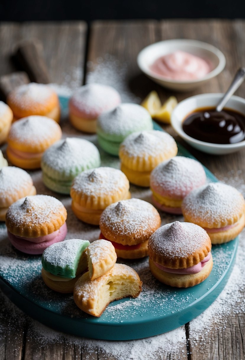 A colorful assortment of pastel pastries arranged on a rustic wooden table, with a dusting of powdered sugar and a side of dipping sauce