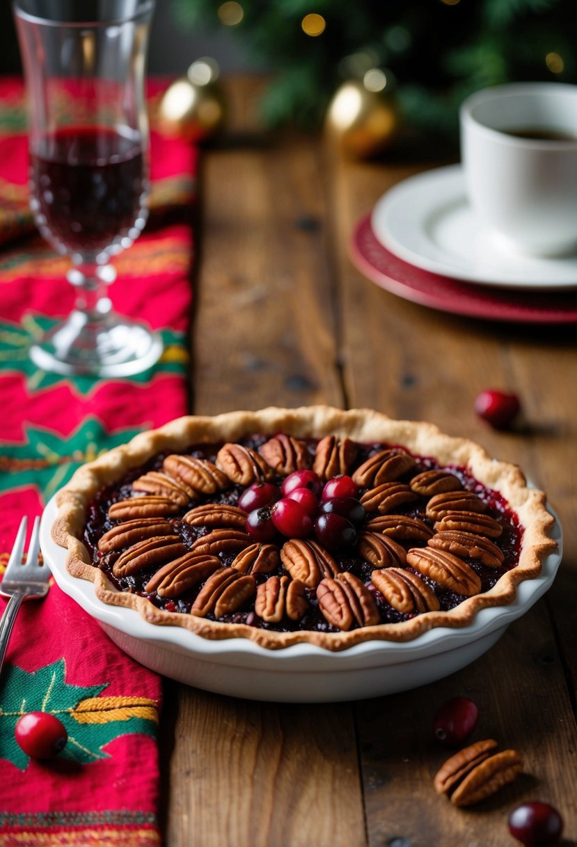 A rustic pecan pie topped with a layer of cranberries and pecans, set on a wooden table with a festive tablecloth