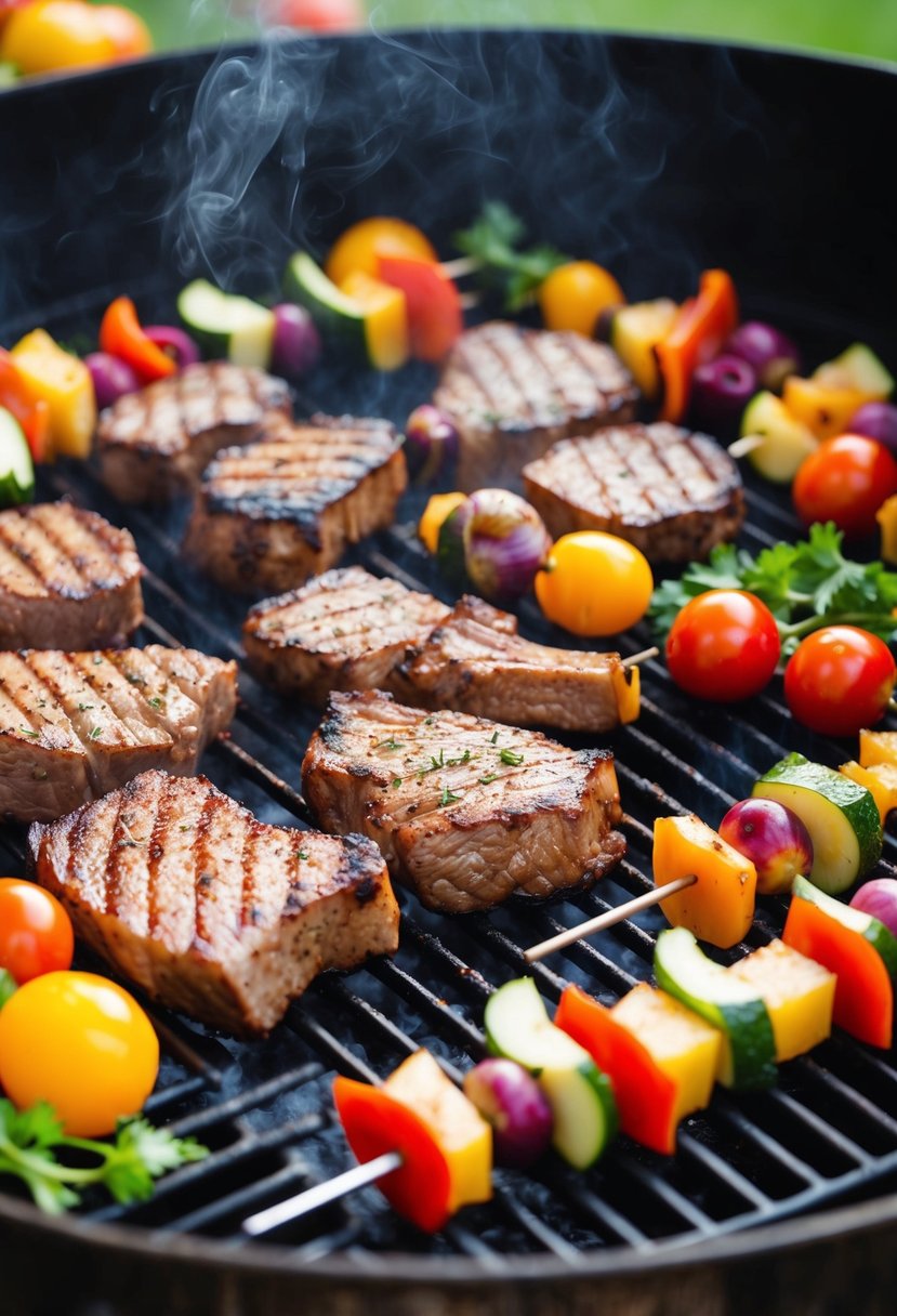 A sizzling grill filled with various cuts of meat, surrounded by colorful skewers of vegetables and fruit. The aroma of smoky, grilled meats fills the air