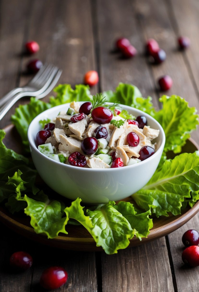 A bowl of cranberry chicken salad surrounded by fresh cranberries and lettuce leaves on a wooden table