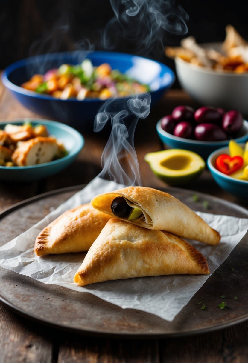 A steaming empadão sits on a rustic table, surrounded by colorful ingredients like chicken, olives, and hearts of palm