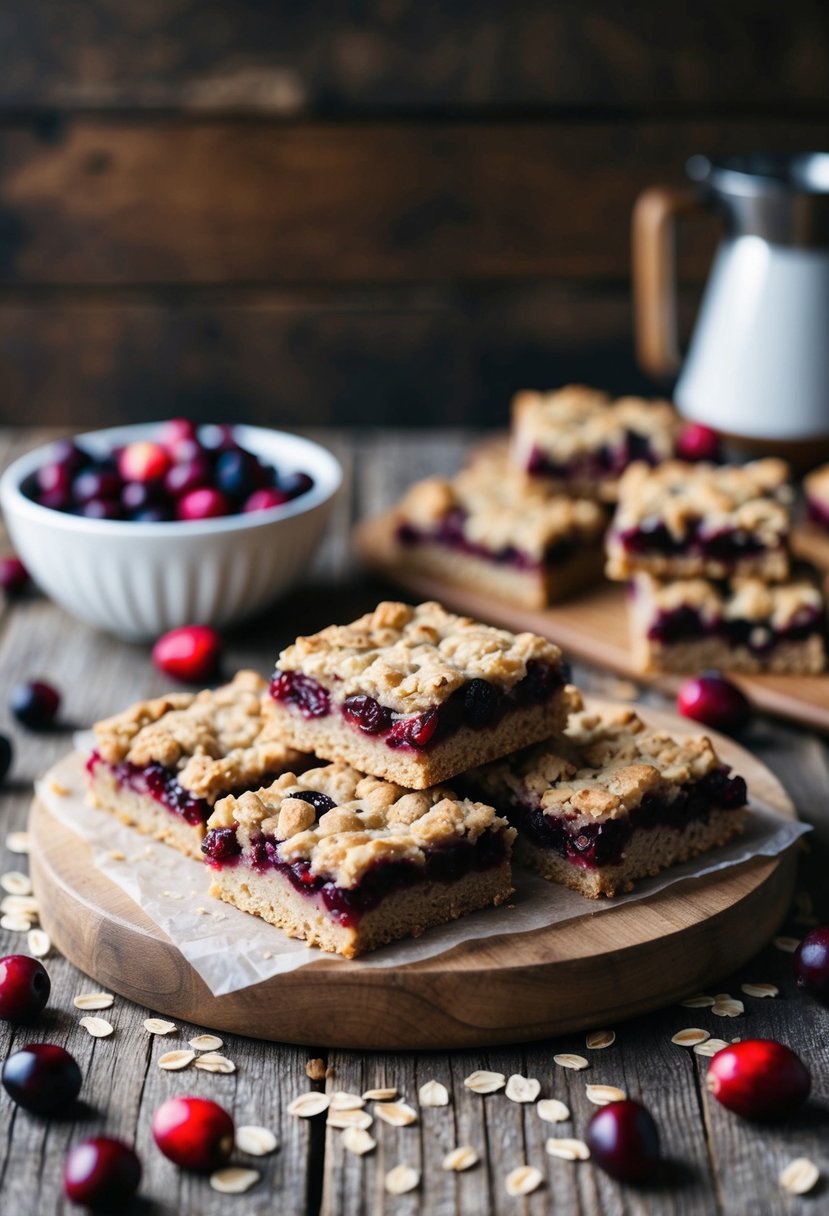 A rustic kitchen with a wooden table covered in freshly baked cranberry oatmeal bars, surrounded by scattered cranberries and oats