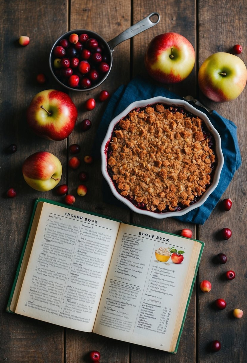 A rustic kitchen table with a freshly baked Cranberry Apple Crisp surrounded by scattered cranberries and a vintage recipe book open to a page of cranberry recipes