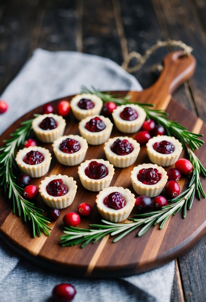 A platter of cranberry brie bites surrounded by fresh cranberries and sprigs of rosemary on a wooden serving board