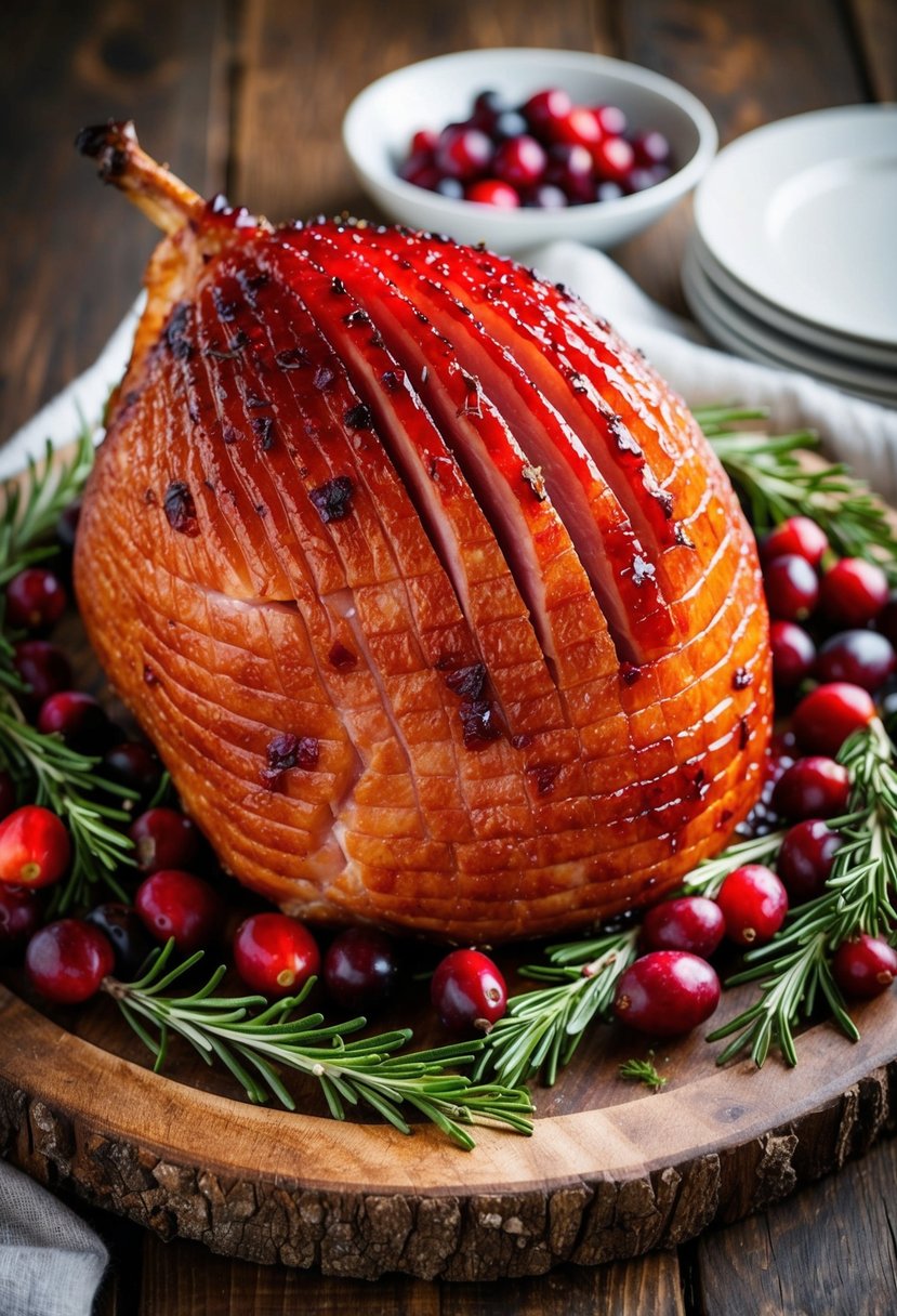 A succulent ham glistening with cranberry glaze, surrounded by fresh cranberries and sprigs of rosemary on a rustic wooden serving platter