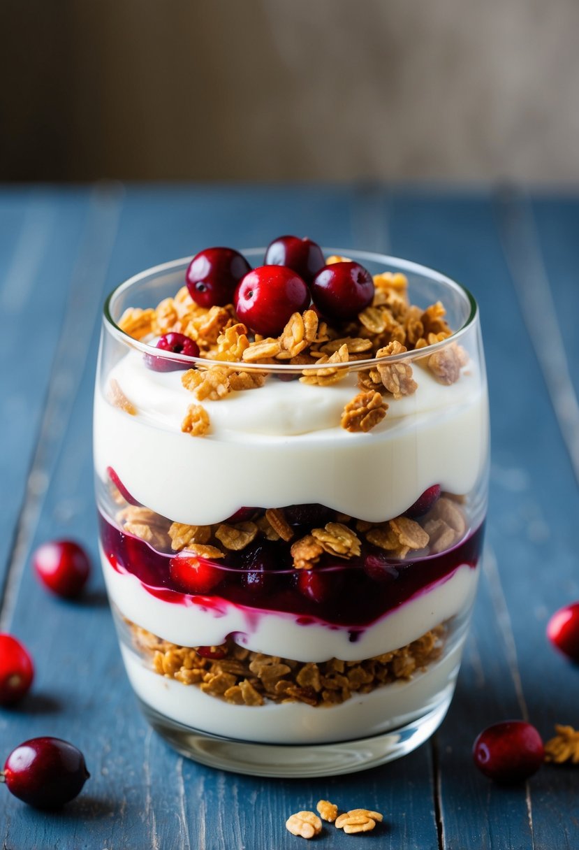 A glass parfait dish filled with layers of creamy yogurt, vibrant red cranberry compote, and crunchy granola, topped with fresh cranberries