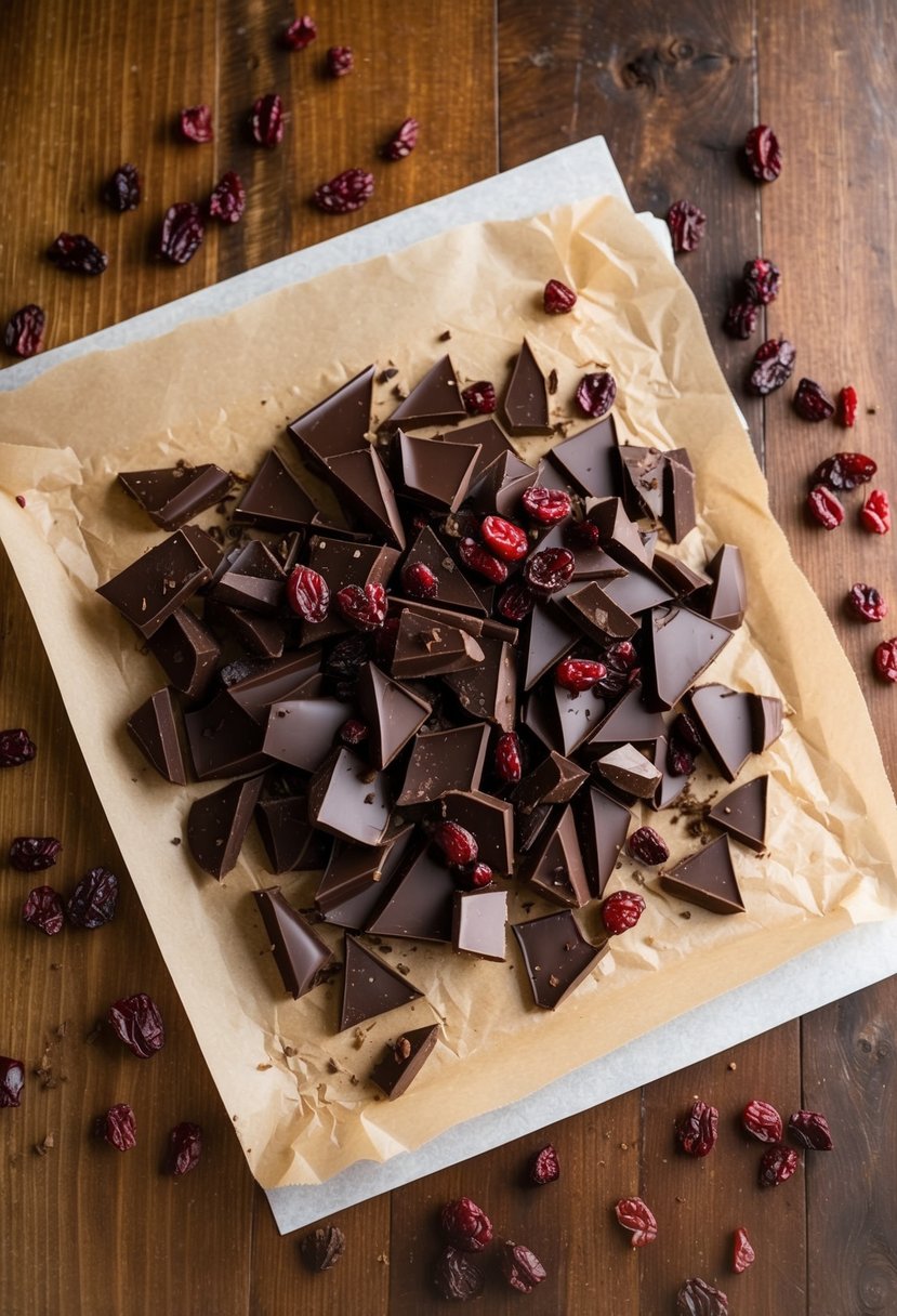 A wooden table topped with a sheet of parchment paper, scattered with chunks of dark chocolate and dried cranberries, ready to be melted and mixed into a cranberry chocolate bark