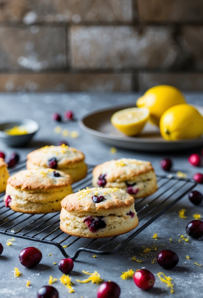 A rustic kitchen counter with freshly baked cranberry lemon scones cooling on a wire rack, surrounded by scattered cranberries and lemon zest