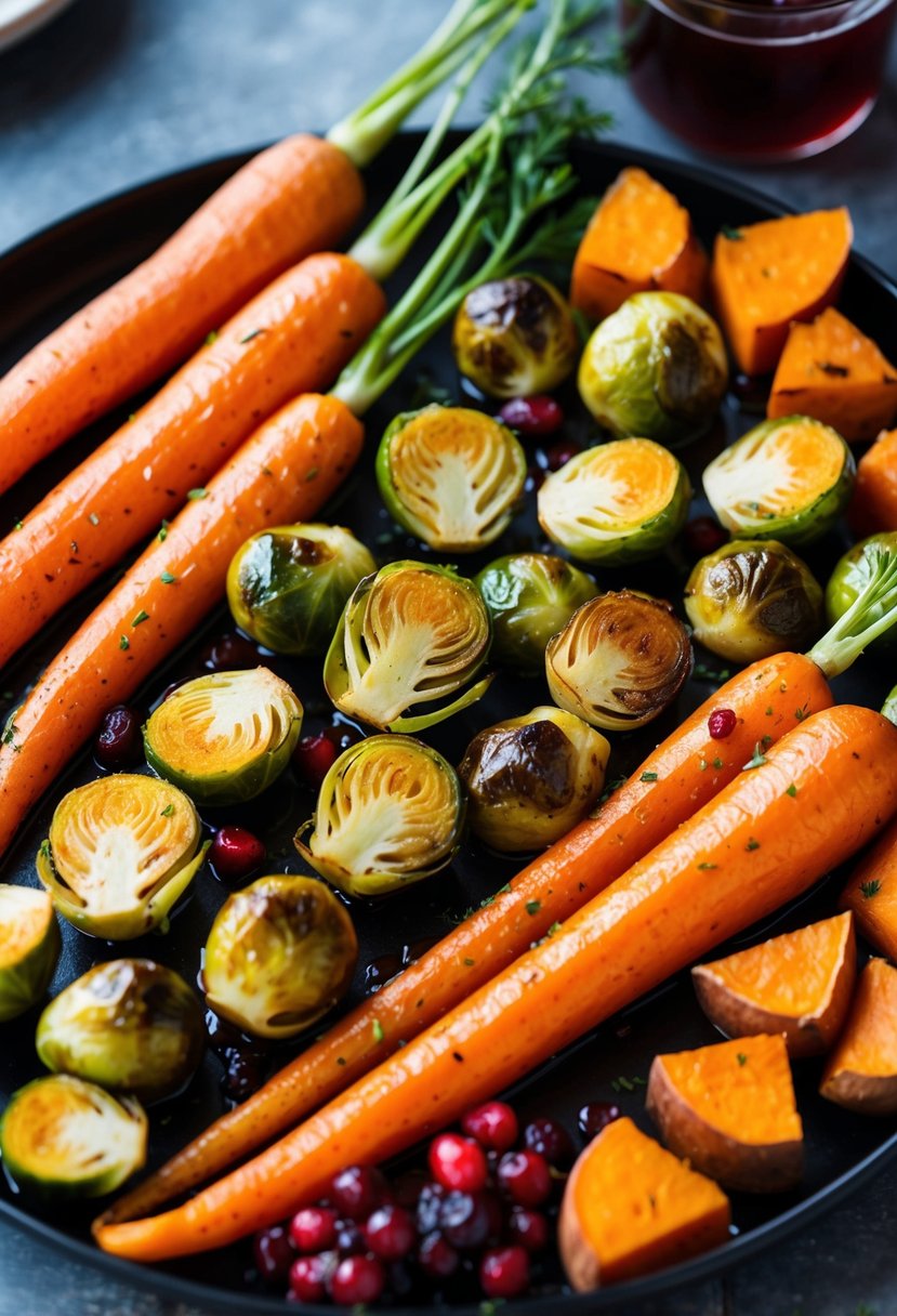 A colorful array of roasted vegetables, including carrots, brussels sprouts, and sweet potatoes, drizzled with a maple cranberry glaze