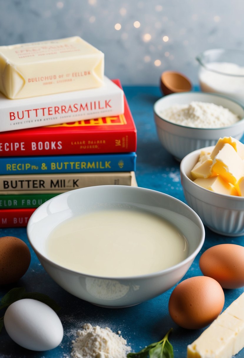 A bowl of buttermilk sits next to a stack of recipe books, surrounded by fresh ingredients like flour, eggs, and butter