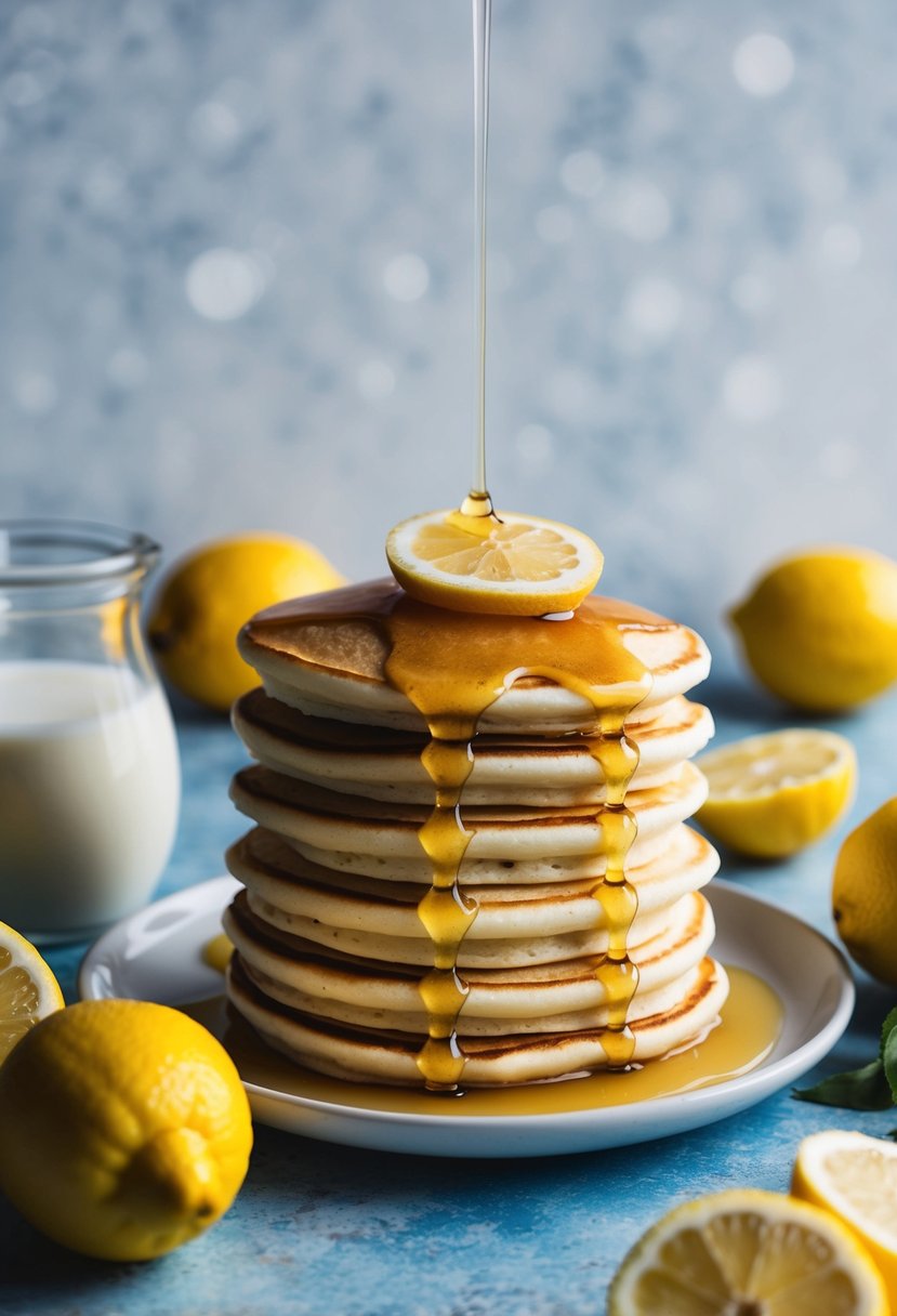 A stack of lemon pancakes topped with buttermilk syrup, surrounded by fresh lemons and a pitcher of buttermilk