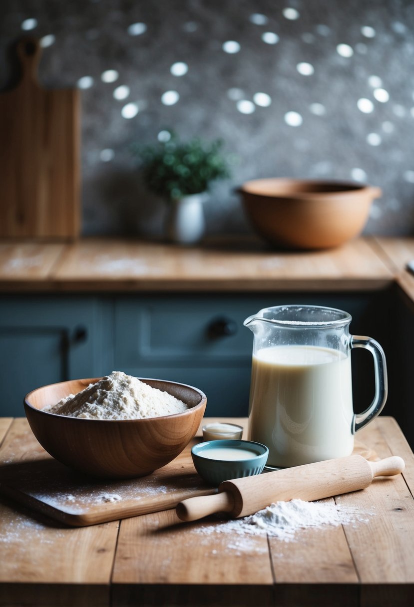 A rustic kitchen counter with a wooden cutting board, a bowl of flour, a pitcher of buttermilk, and a rolling pin