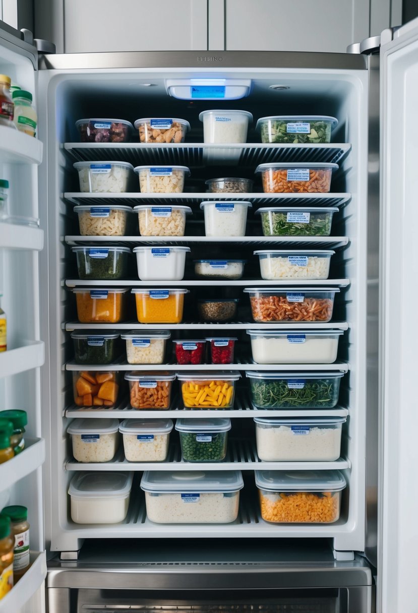 A freezer filled with neatly organized containers of frozen meals and ingredients