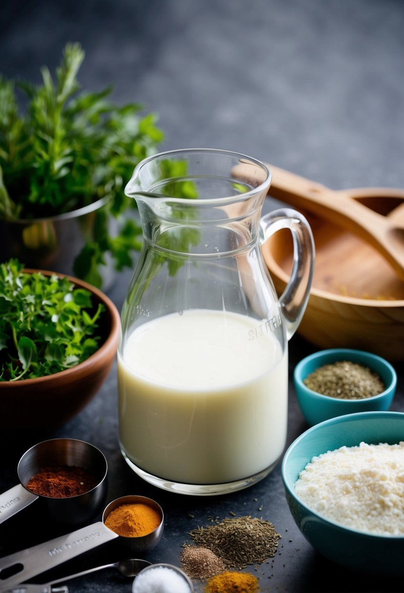 A glass pitcher of buttermilk sits next to a bowl of fresh herbs and spices, surrounded by a variety of measuring cups and mixing utensils