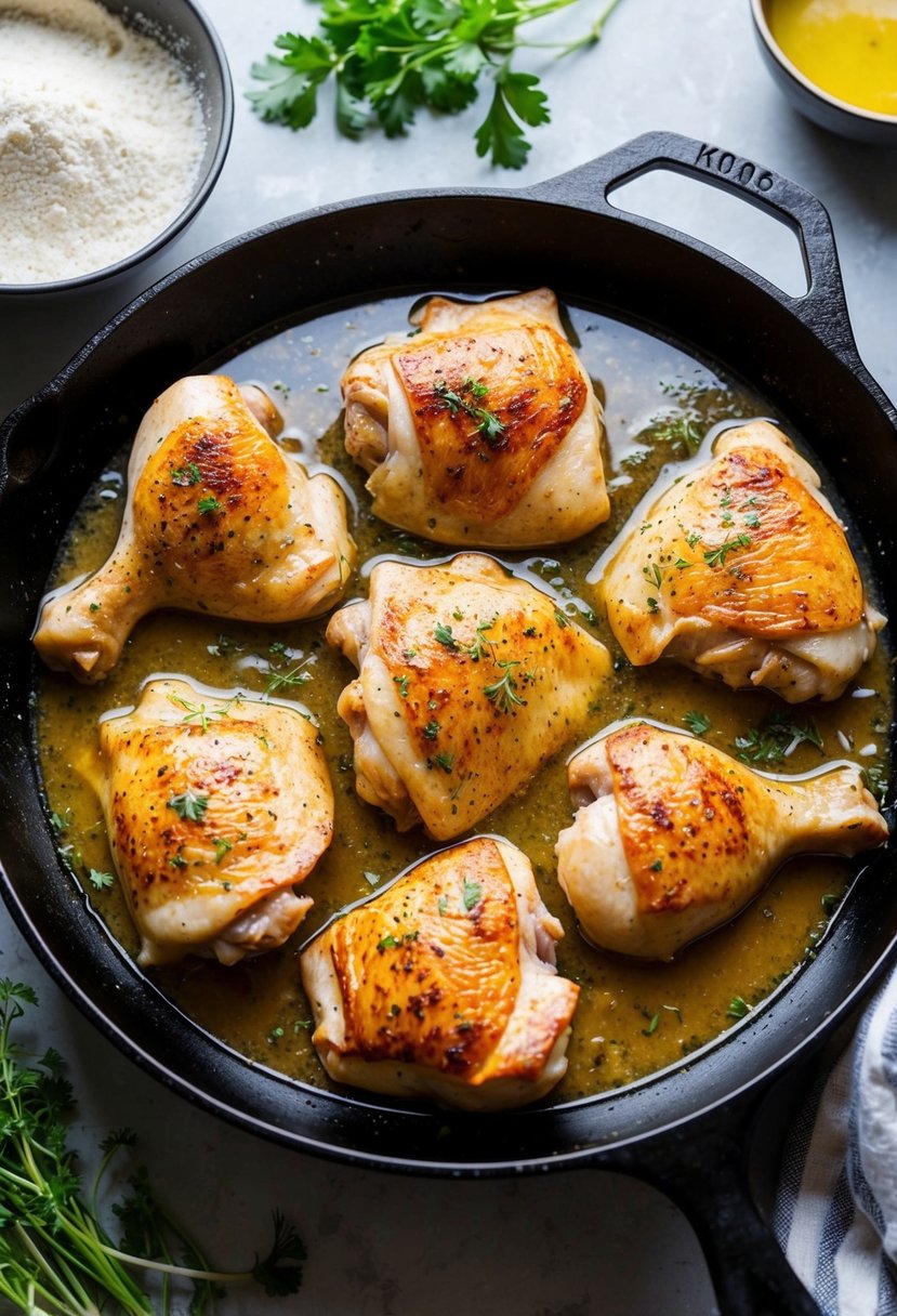 A cast iron skillet sizzling with golden-brown chicken pieces soaking in a buttermilk marinade, surrounded by a bowl of seasoned flour and fresh herbs