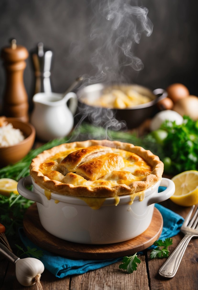 A steaming chicken pot pie sits on a rustic wooden table, surrounded by fresh ingredients and kitchen utensils