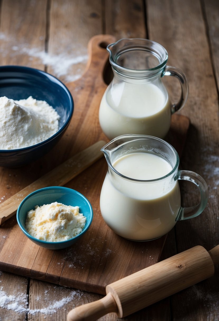 A rustic kitchen table with a wooden cutting board, a bowl of flour, a pitcher of buttermilk, and a rolling pin