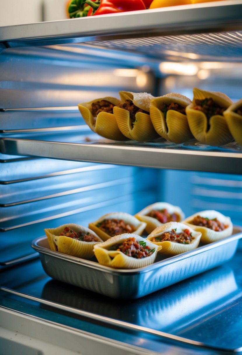 A tray of stuffed shells being placed in a freezer