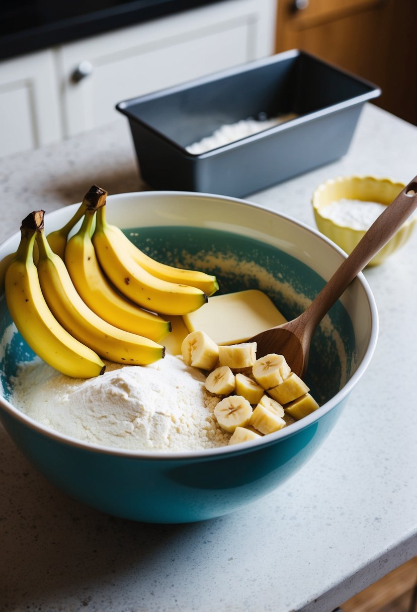 A mixing bowl with ripe bananas, buttermilk, and flour. A wooden spoon and a loaf pan on a kitchen counter