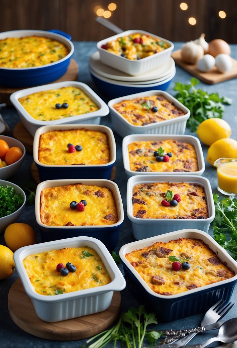 A variety of breakfast casserole dishes arranged in freezer-safe containers with labels, surrounded by fresh ingredients and kitchen utensils