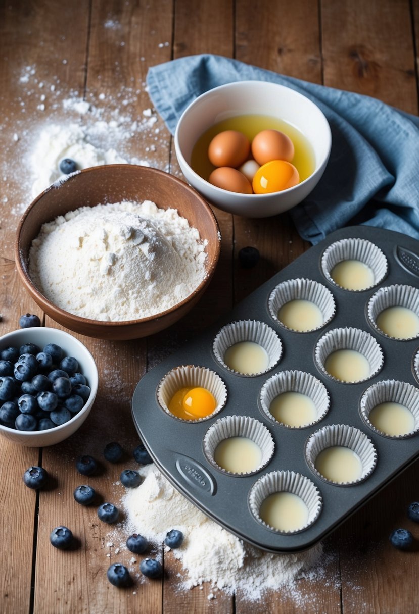 A rustic kitchen with a wooden table covered in flour, sugar, and fresh blueberries. A mixing bowl filled with buttermilk, eggs, and vanilla sits next to a muffin tin lined with paper cups