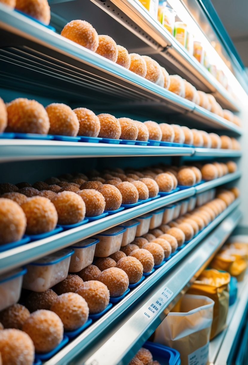 A freezer shelf filled with neatly arranged rows of frozen meatballs in various containers and bags