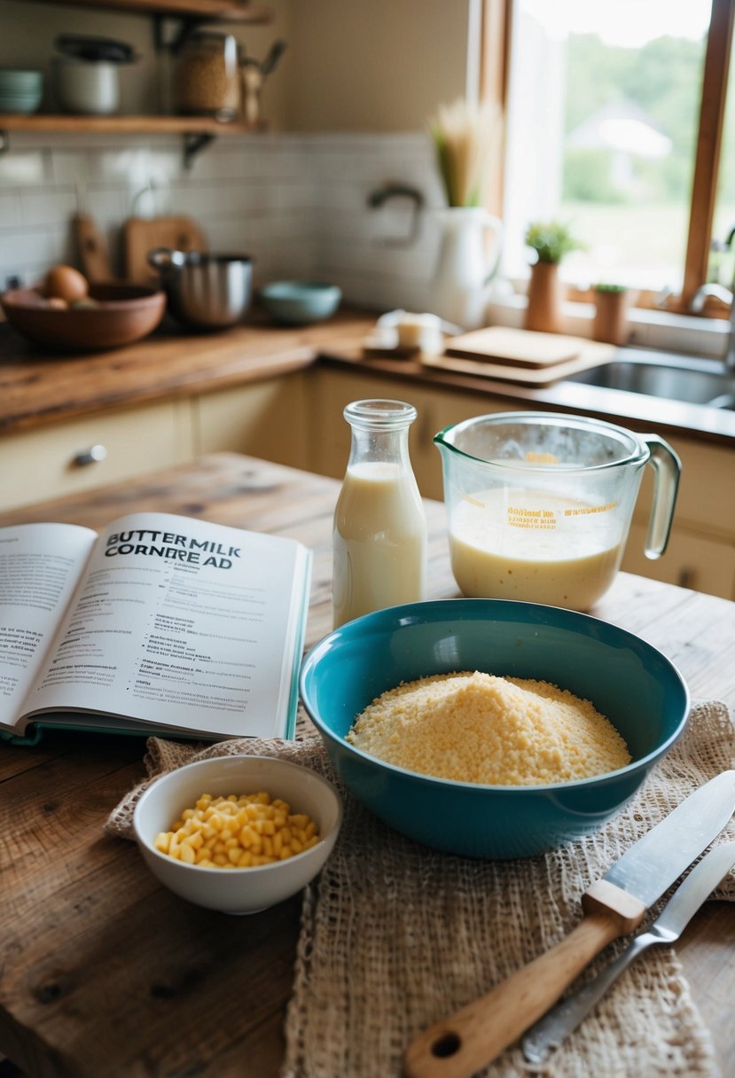 A rustic kitchen with a mixing bowl, buttermilk, cornmeal, and a recipe book open to a page on buttermilk cornbread