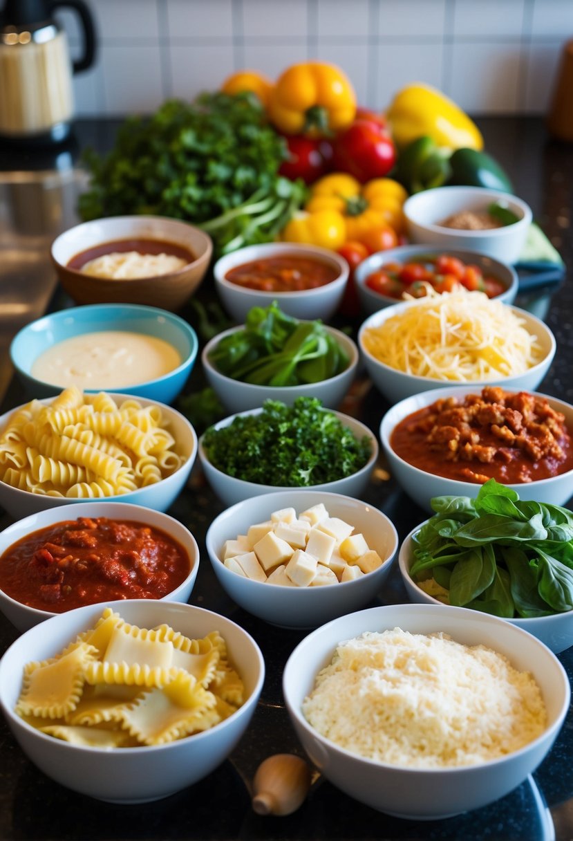 A colorful assortment of lasagna ingredients arranged on a kitchen counter, including pasta, sauce, cheese, and various vegetables