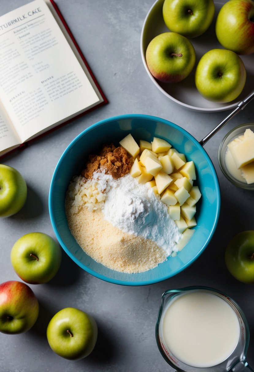 A mixing bowl with ingredients for apple buttermilk cake, surrounded by apples, buttermilk, and a recipe book