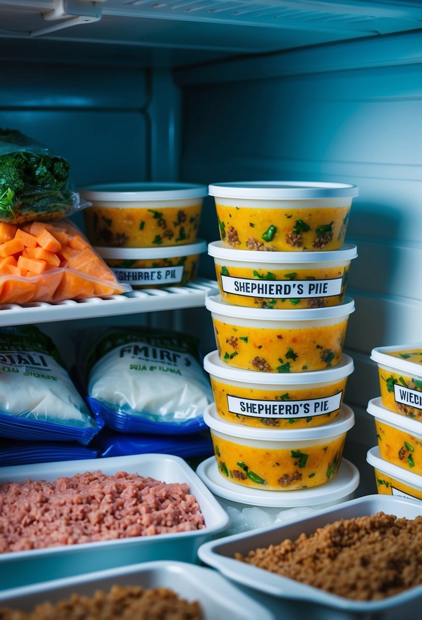 A freezer stocked with neatly labeled containers of shepherd's pie, surrounded by bags of frozen vegetables and trays of minced meat