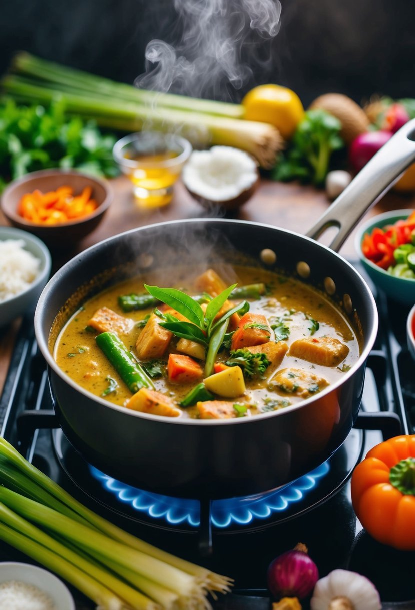 A steaming pot of Thai curry simmers on a stove, surrounded by vibrant ingredients like lemongrass, coconut milk, and colorful vegetables