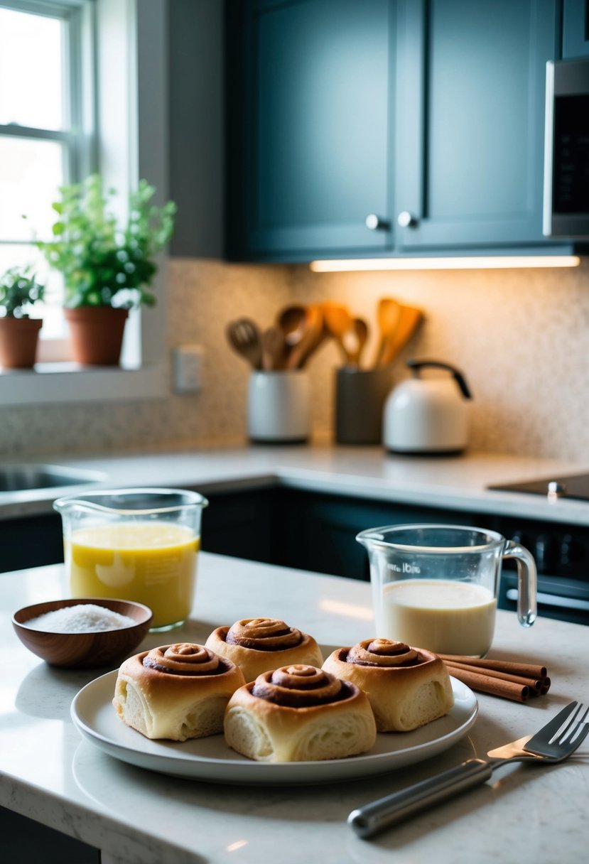 A kitchen counter with ingredients and utensils for making buttermilk cinnamon rolls