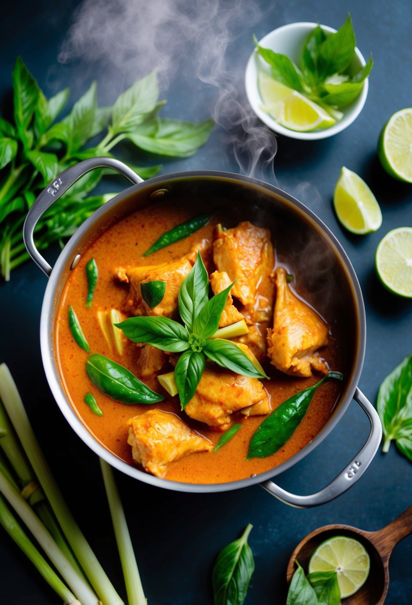 A steaming pot of Thai red curry with chicken, surrounded by vibrant, aromatic ingredients like lemongrass, kaffir lime leaves, and Thai basil