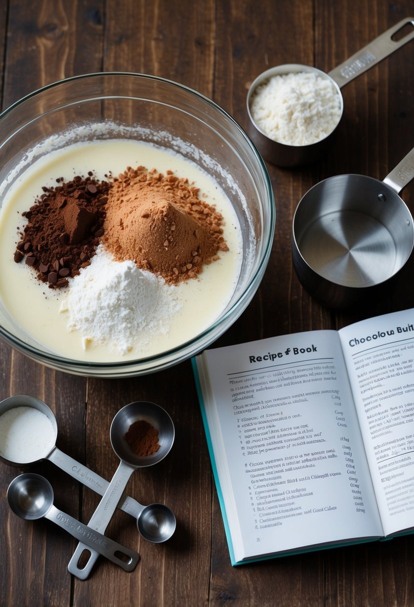 A mixing bowl with buttermilk, cocoa powder, and flour, surrounded by measuring cups and spoons, next to a recipe book open to a chocolate buttermilk cake recipe