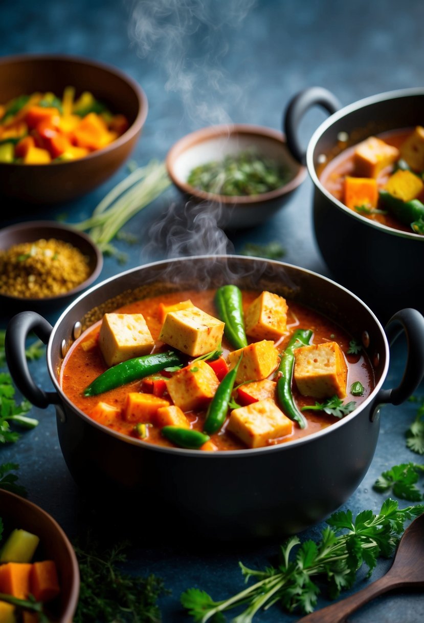 A steaming pot of red curry filled with colorful vegetables and cubes of tofu, surrounded by fragrant herbs and spices