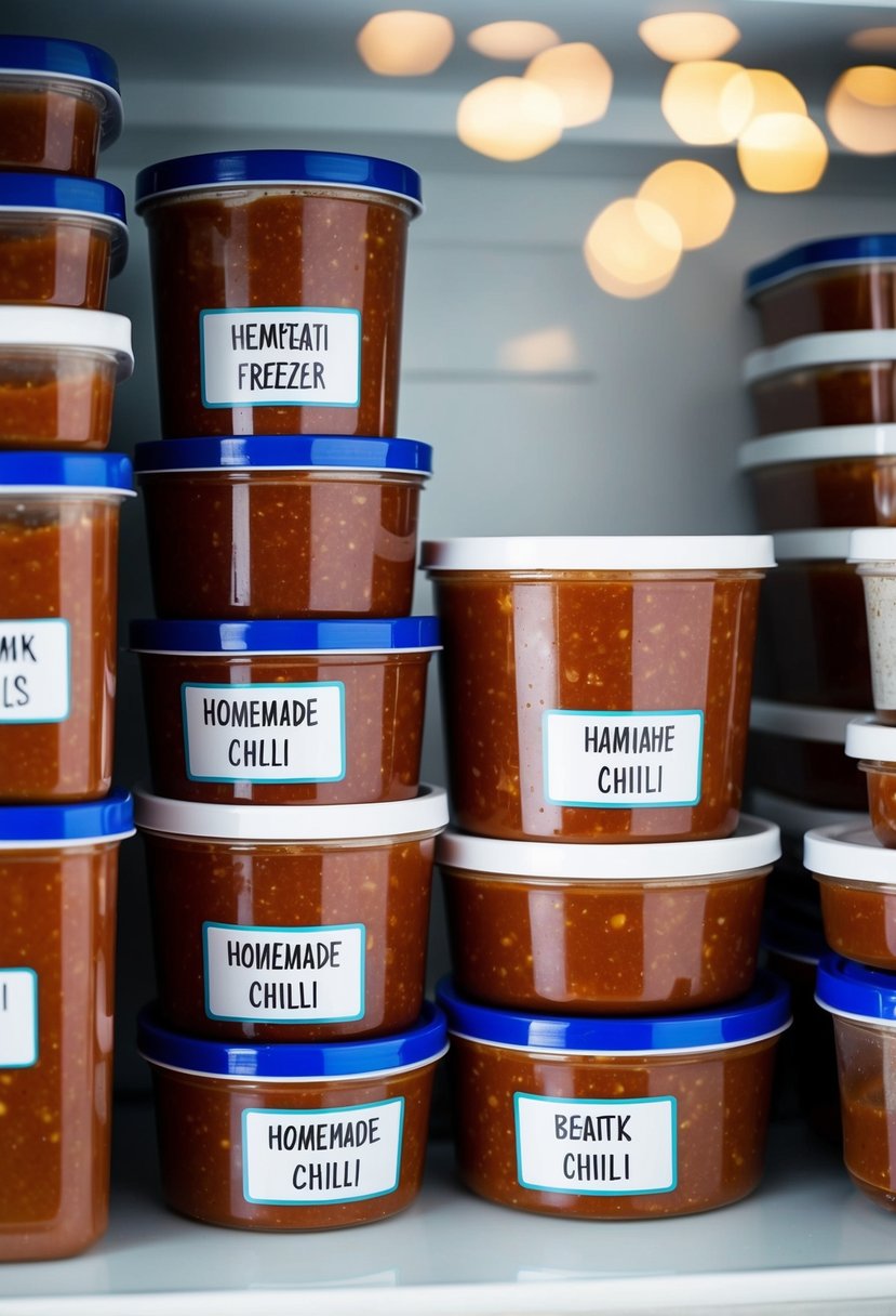 A freezer filled with containers of homemade chili, labeled and stacked neatly