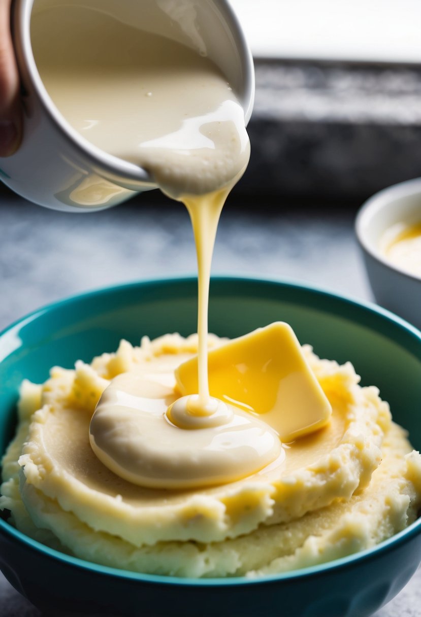 A bowl of creamy mashed potatoes being drizzled with a stream of buttermilk, with a pat of melting butter on top