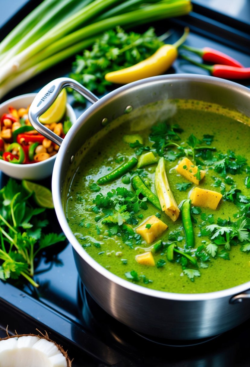 A steaming pot of Thai green curry simmers on a stove, filled with vibrant green herbs and spices, alongside a spread of fresh ingredients like lemongrass, chilies, and coconut milk