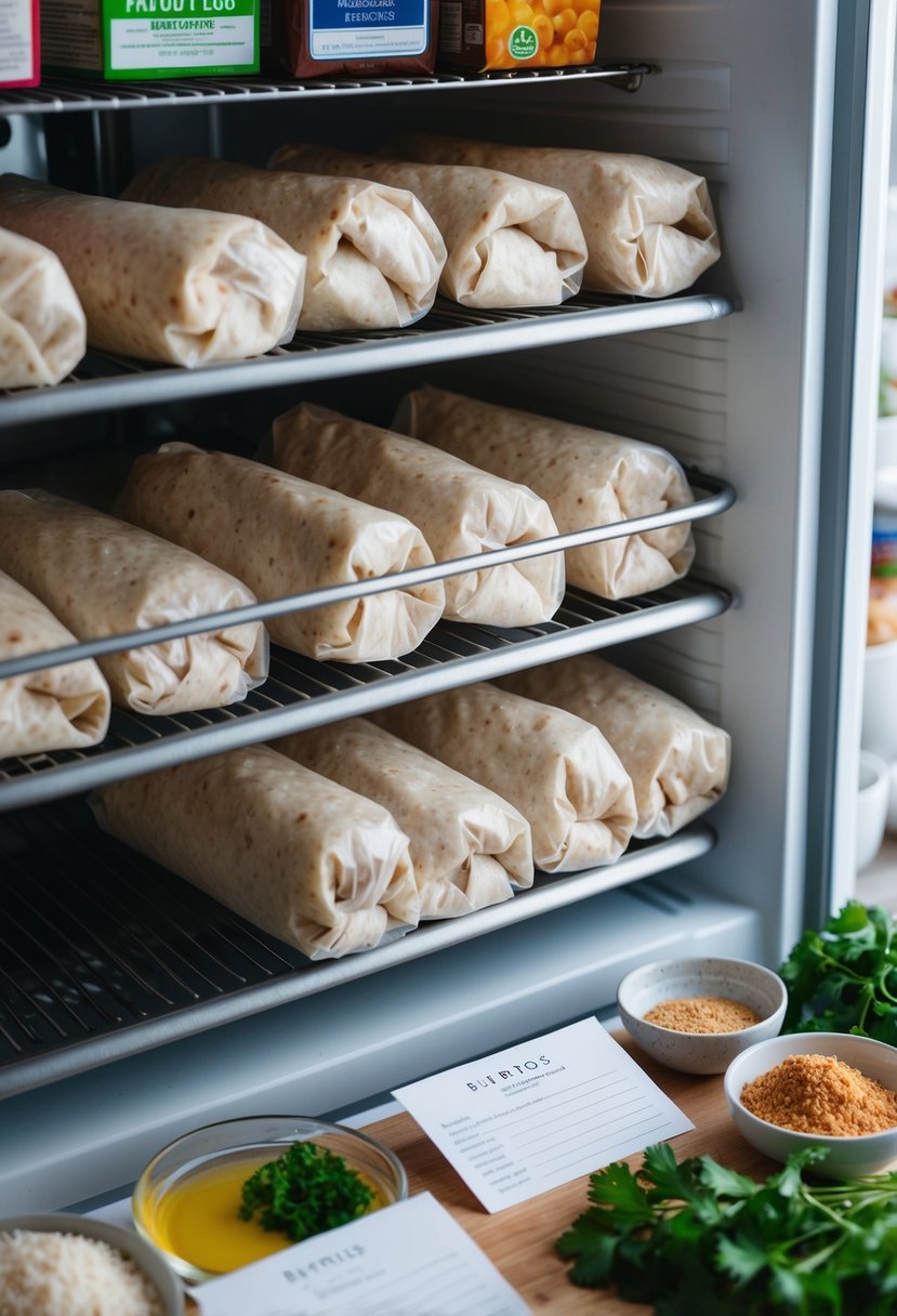 A freezer filled with neatly wrapped burritos, surrounded by various ingredients and recipe cards