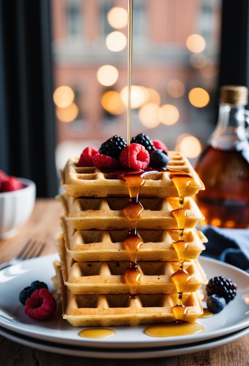 A stack of golden buttermilk waffles topped with fresh berries and drizzled with maple syrup