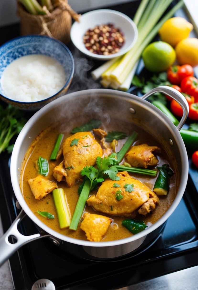 A steaming pot of fragrant Thai chicken curry simmers on a stovetop, surrounded by vibrant ingredients like lemongrass, coconut milk, and colorful vegetables